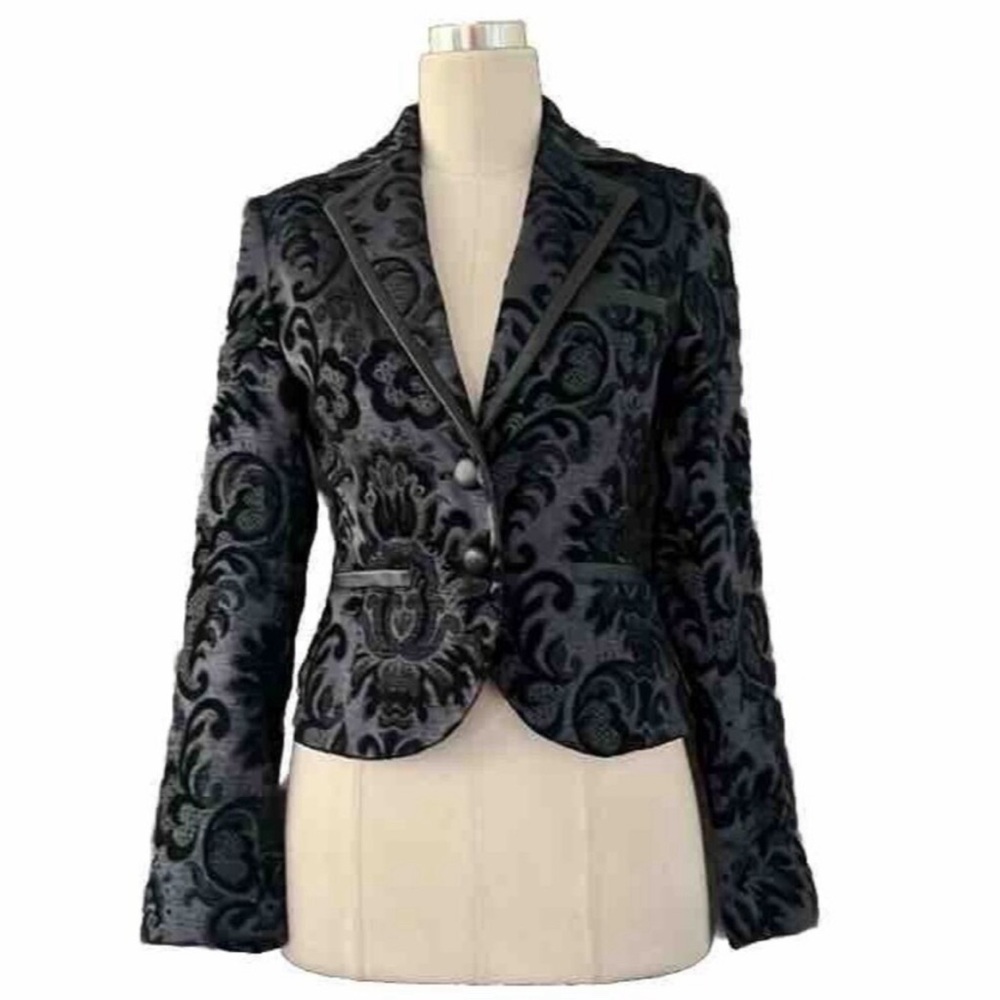 Marciano Women’s Black Jacquard Blazer Jacket Leather Trim Tapestry Size 4